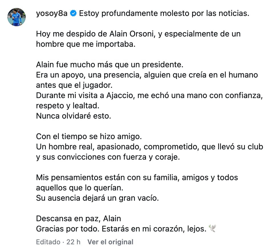 Memo Ochoa expresa condolencias por la muerte de Alain Orsoni