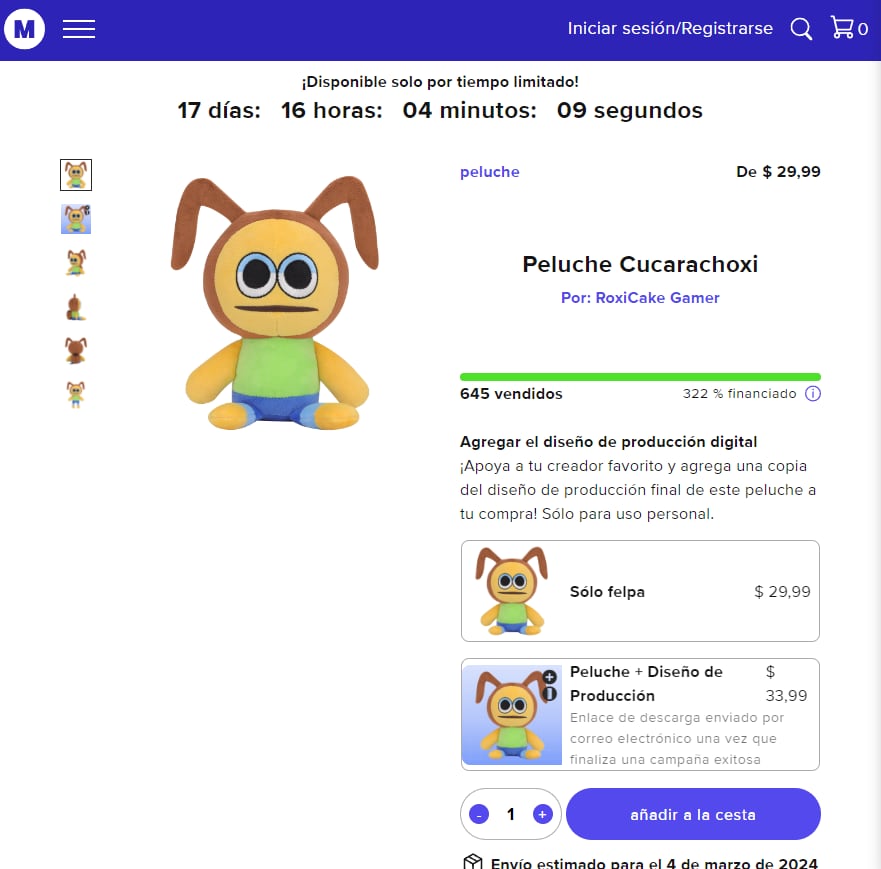 Precio de Cucarachoxi peluche
