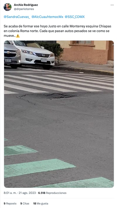 Reportan hundimiento entre Monterrey y Chiapas de la colonia Roma