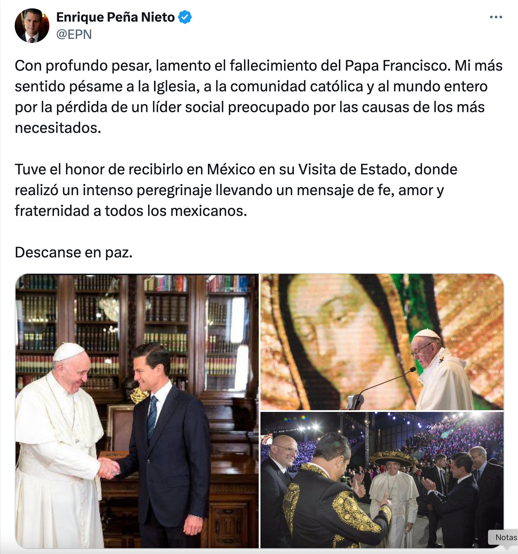 Enrique Peña Nieto lamentó la muerte del Papa Francisco