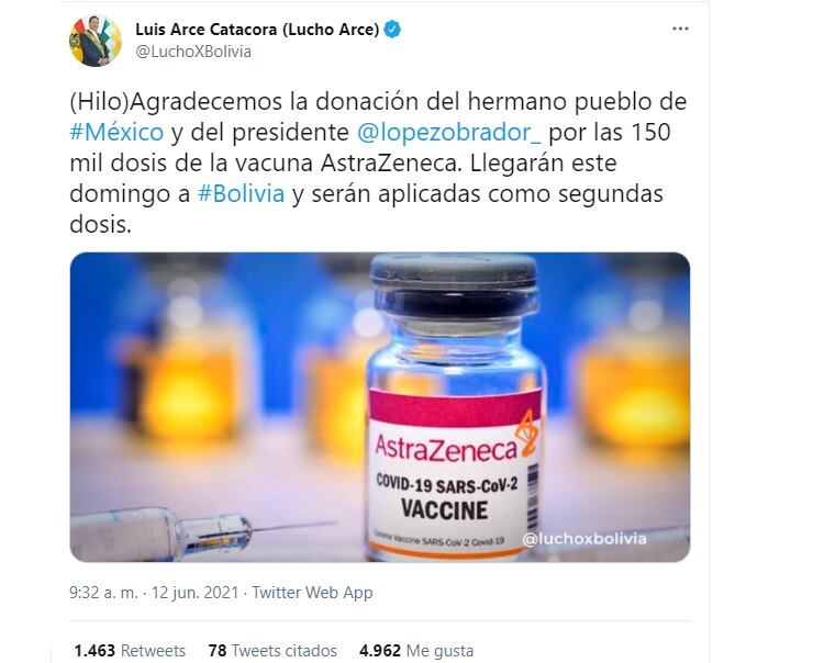 Luis Arce agradece envío de vacunas de México