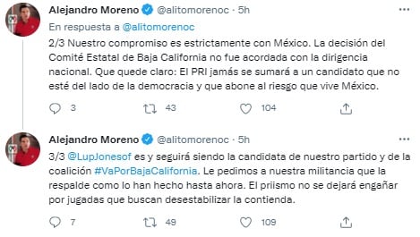 Tuits de Alejandro Moreno.