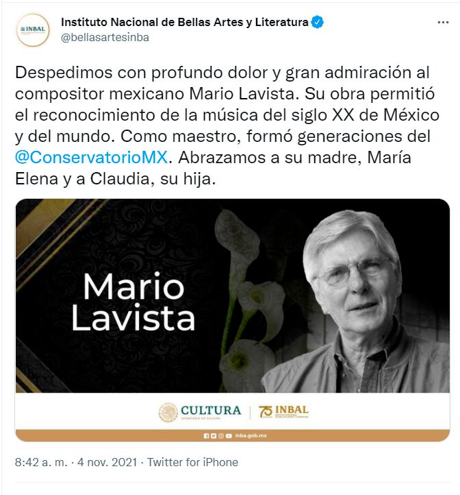 Tuit del Instituto Nacional de Bellas Artes y Literatura lamentando la muerte de Mario Lavista/Twitter