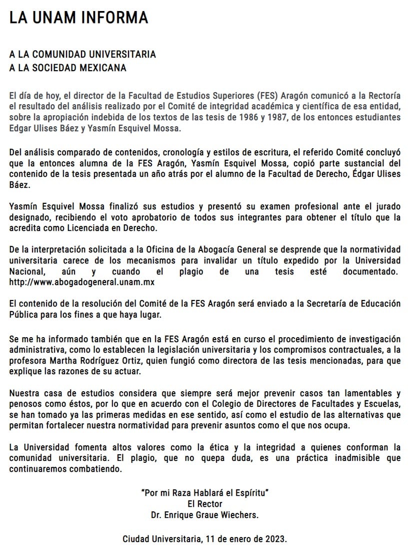 Comunicado de la UNAM