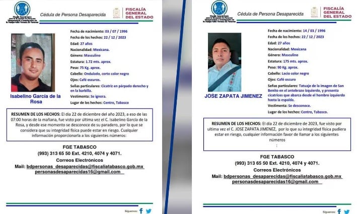 Fichas de desaparición por los policías desaparecidos de Tabasco