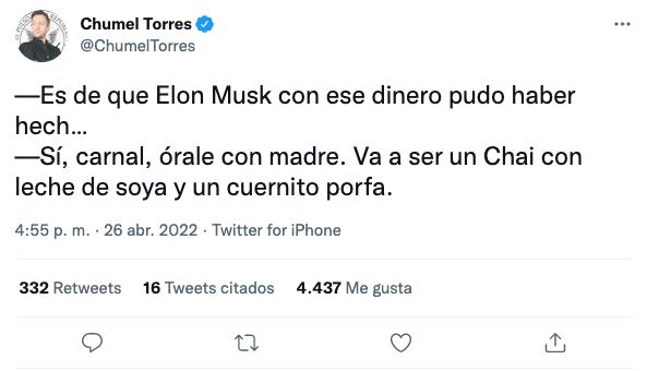 Chumel Torres hace chiste clasista sobre quienes opinan de Elon Musk y Twitter.