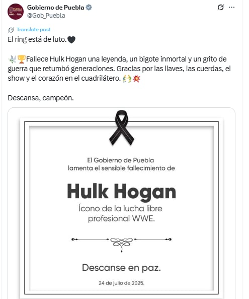 Gobierno de Puebla recibe críticas por lamentar la muerte de Hulk Hogan