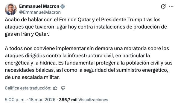 Emmanuel Macron pide frenar ataques a infraestructura civil de Irán