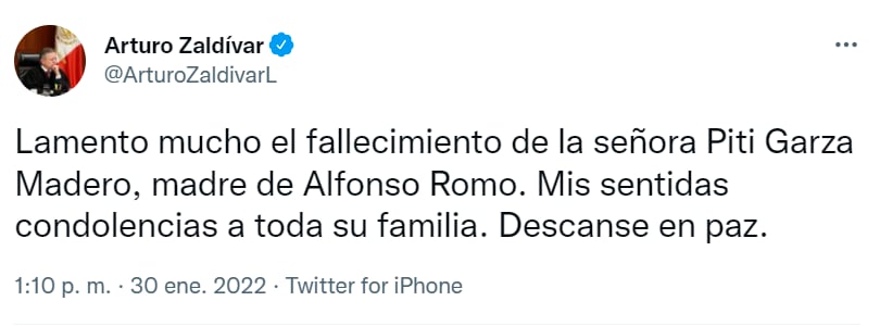 Tuit de Arturo Zaldívar lamentando la muerte de Pita Garza de Madero Romo