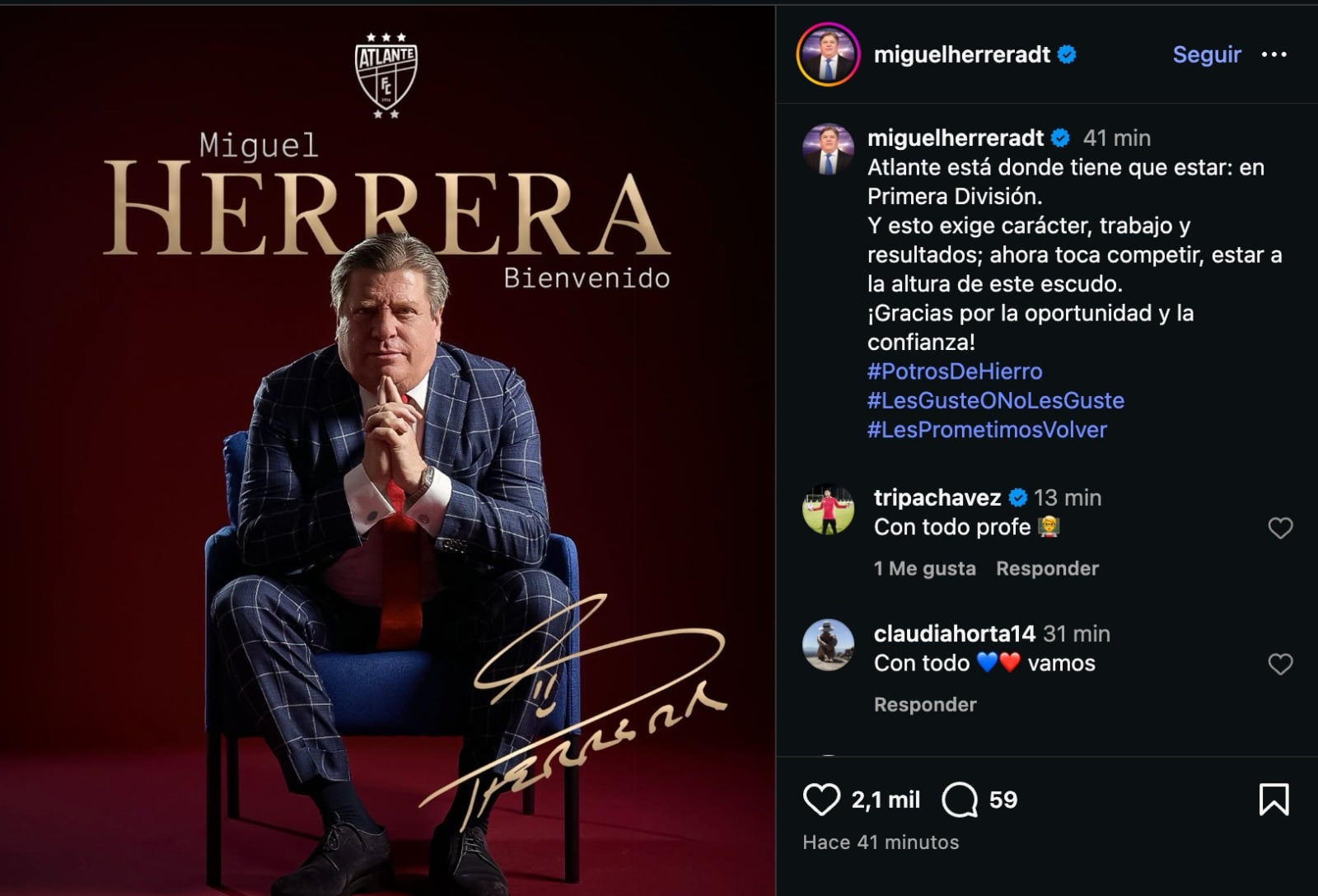 Miguel Herrera es el nuevo DT del Atlante.