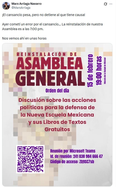 Marx Arriaga mantiene su ‘Protesta con Propuesta’; llama a Asamblea el 15 de febrero a las 19:00 horas