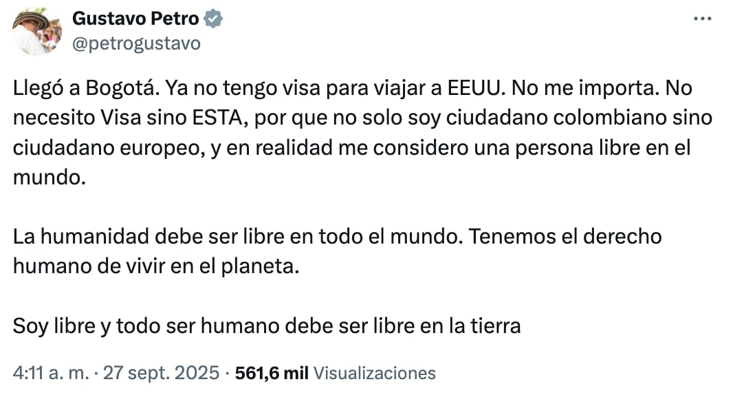 Gustavo Petro comparte mensaje tras quedarse sin visa de Estados Unidos