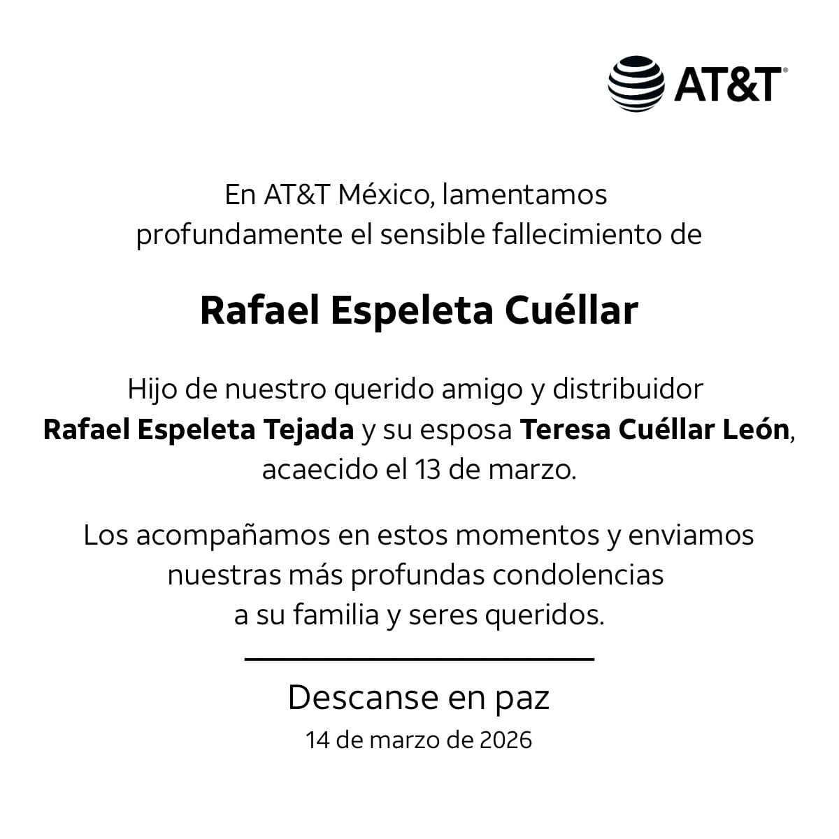 AT&T México da sus condolencias por la muerte de Rafael Espeleta, hijo de su distribuidor