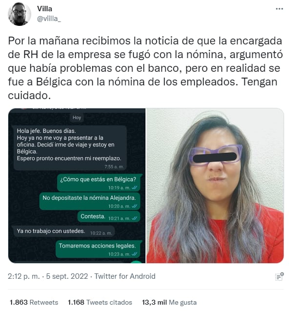 Mujer es denunciada por robarse la nómina e irse de viaje a Bélgica