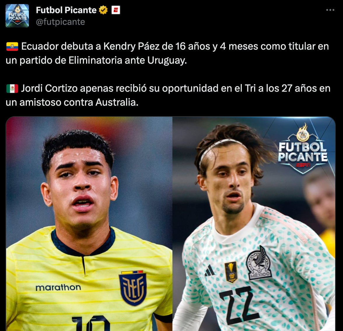 Kendry Páez debutó con la selección mayor de Ecuador a los 16 años, mientras que Jordi Cortizo lo hizo con el tri a los 27