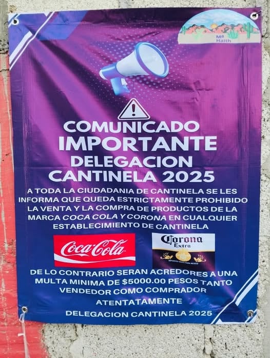 Cantinela, Hidalgo, prohíbe el consumo y venta de Coca-Cola y Corona.