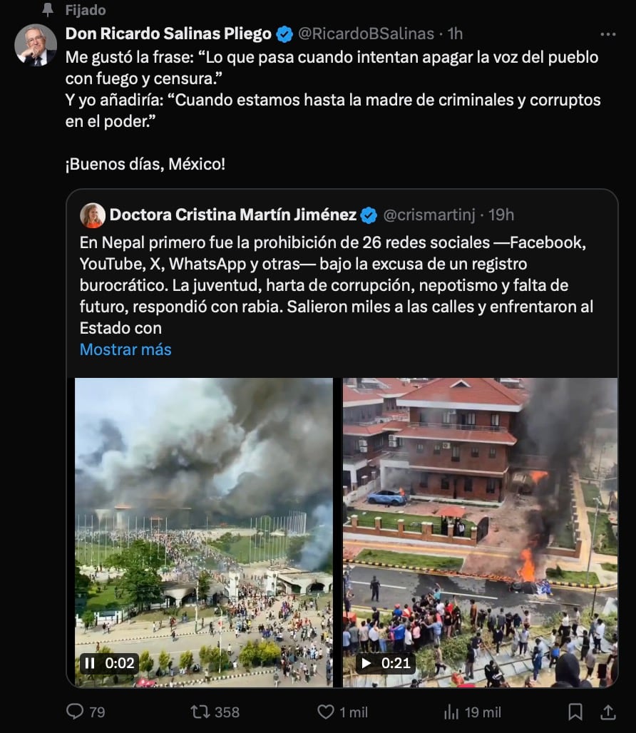 Ricardo Salinas Pliego reacciona a protestas violentas en Nepal