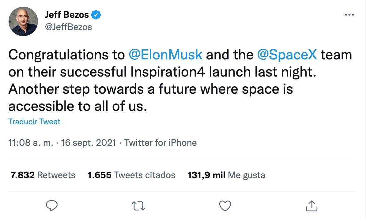 Felicitación de Jeff Bezos a SpaceX y Elon Musk