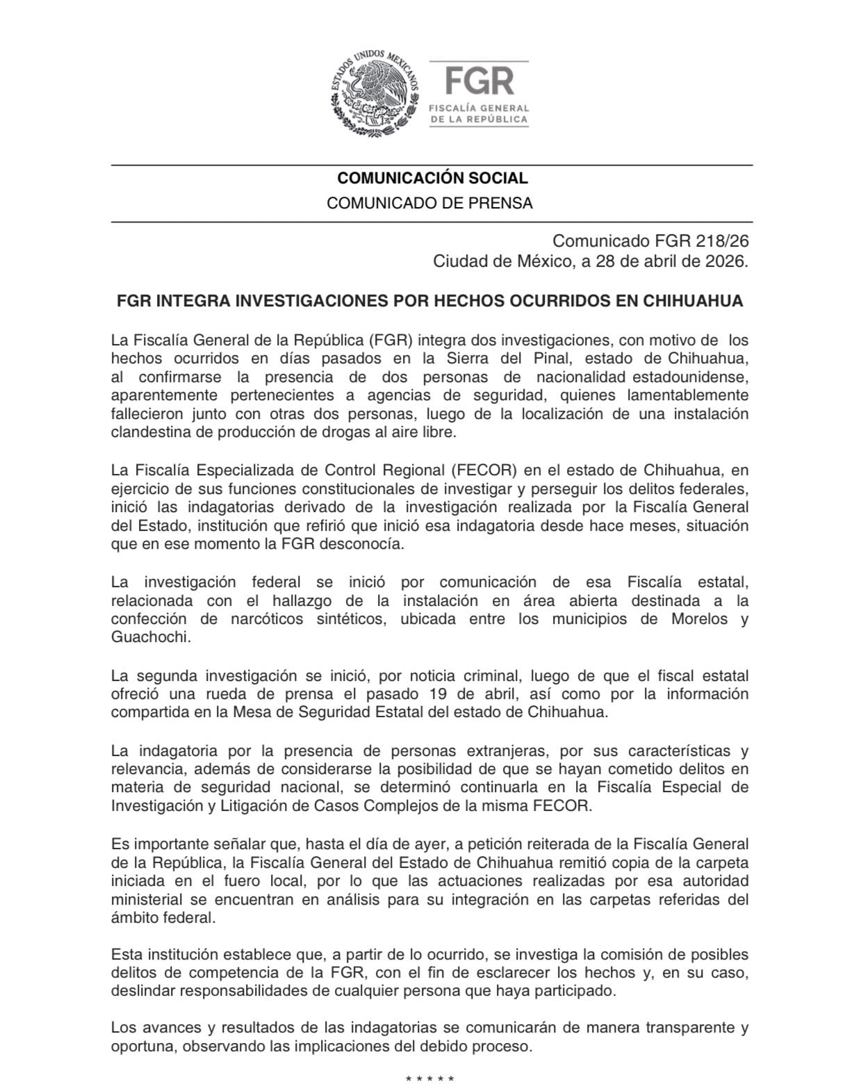 FGR integra investigaciones por narcolaboratorio y agentes de la CIA en Chihuahua