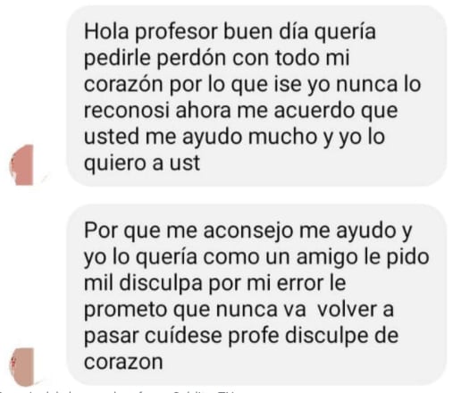 Alumno arrepentido se disculpa con su maestro