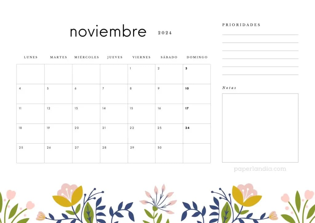 10 plantillas de calendario de noviembre 2024 para imprimir