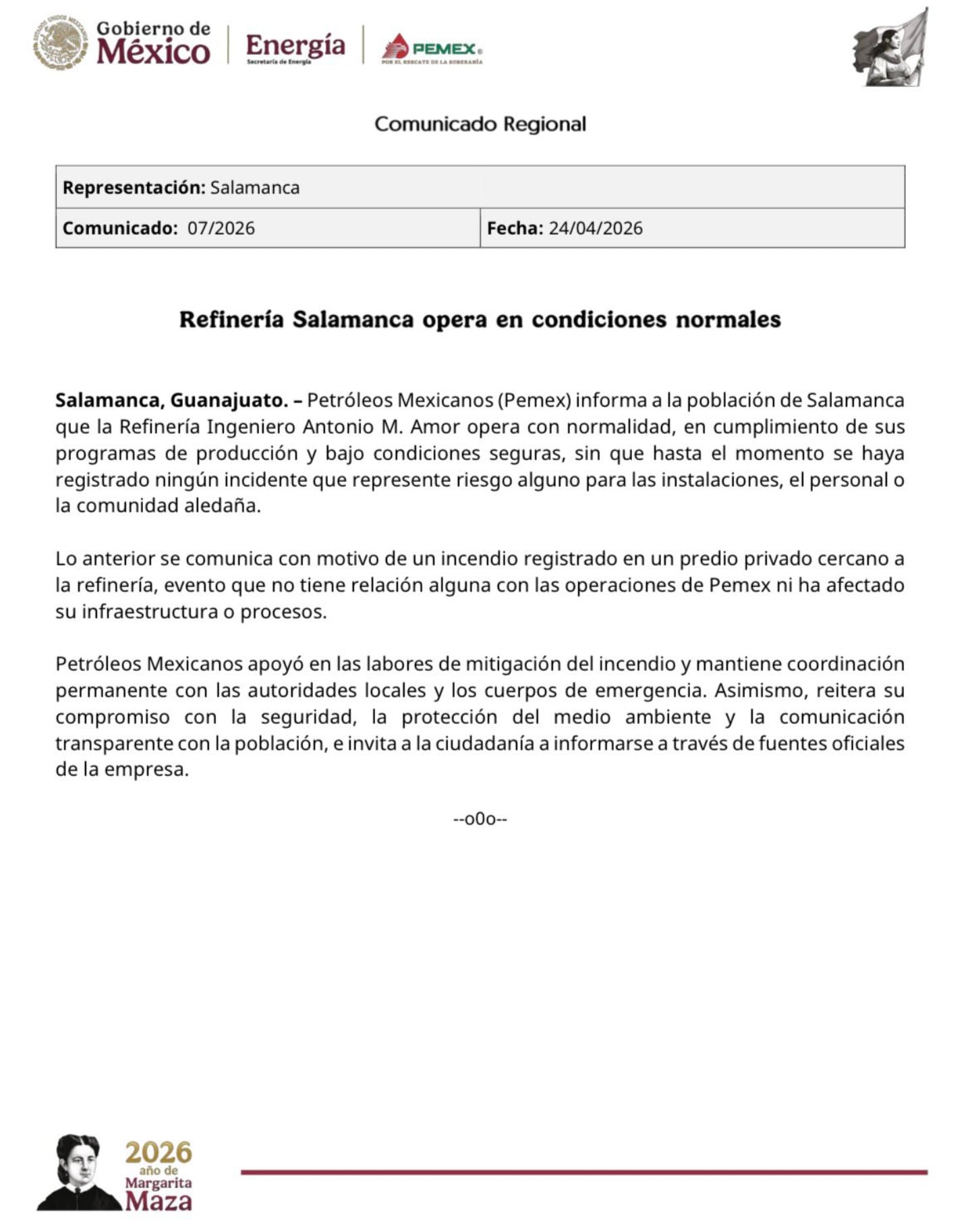 Pemex aclara supuesto incendio en Refinería de Salamanca