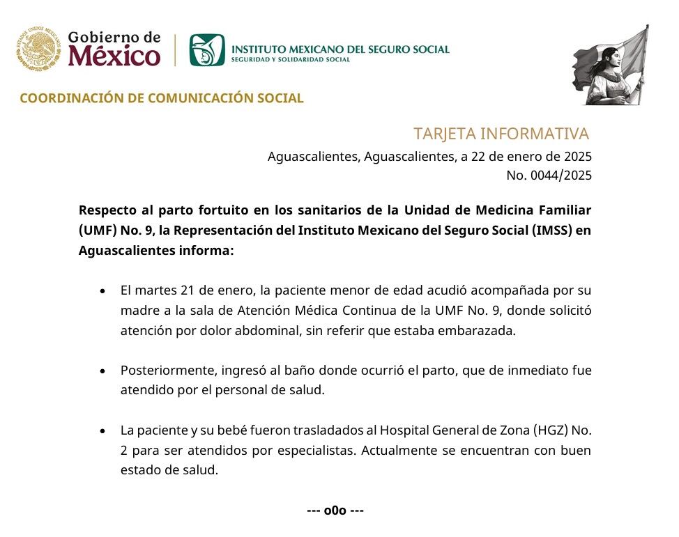 Adolescente dio a luz en baño de clínica en Aguascalientes; IMSS inicia investigación