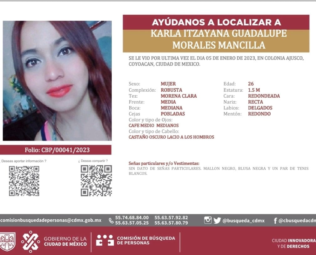 Ficha de búsqueda de Karla Morales, desaparecida en Coyoacán en la CDMX