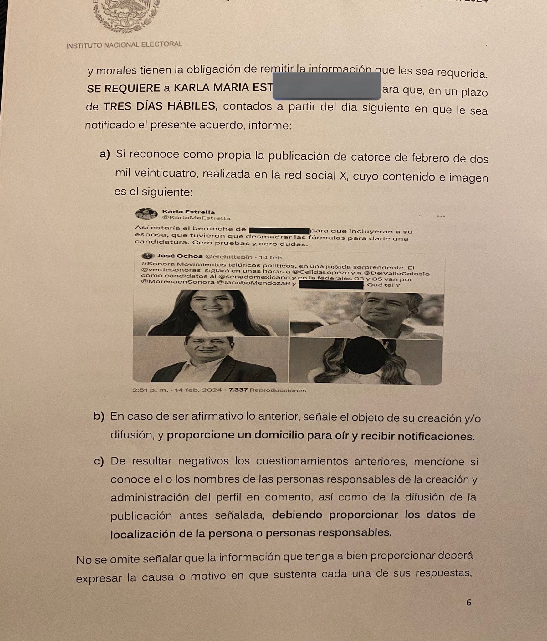 Tuit donde Karla María Estrella Murrieta le tiraba a Diana Karina Barreras y Sergio Gutiérrez Luna