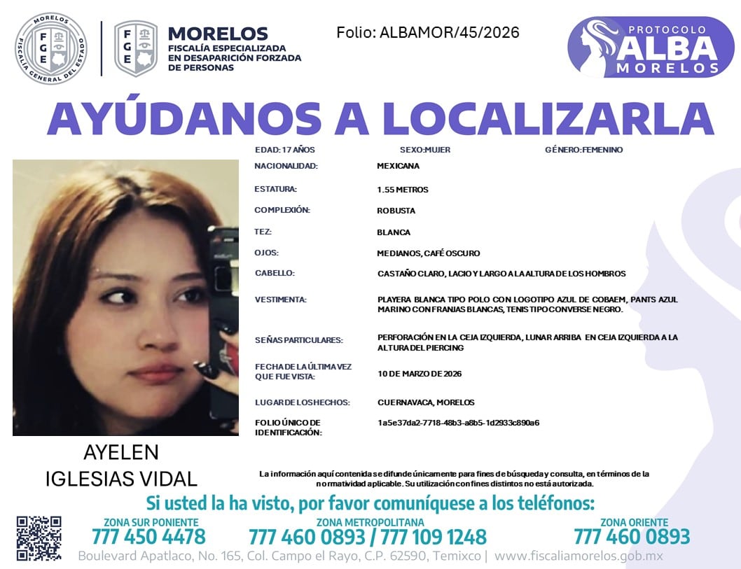 Reportan desaparición de Ayelen Iglesias Vidal en Cuernavaca, Morelos.