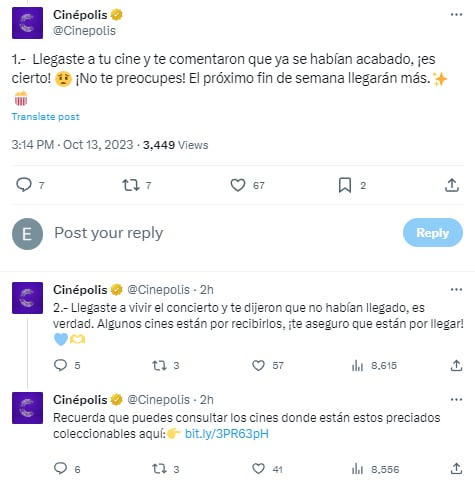 Tuit de Cinépolis anunciando más vasos coleccionables de Taylor Swift