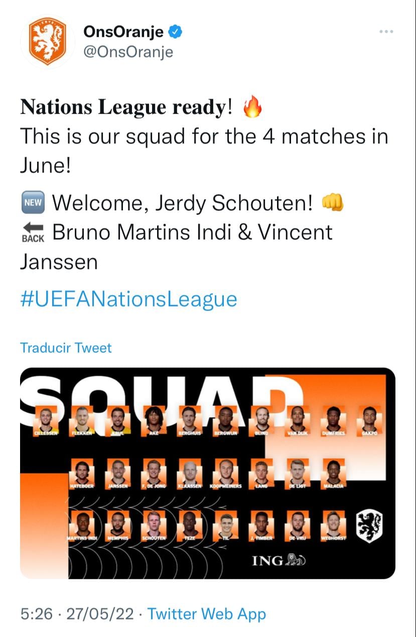 Vincent Janssen entró dentro de la convocatoria de los Países Bajos para disputar la UEFA Nations League.