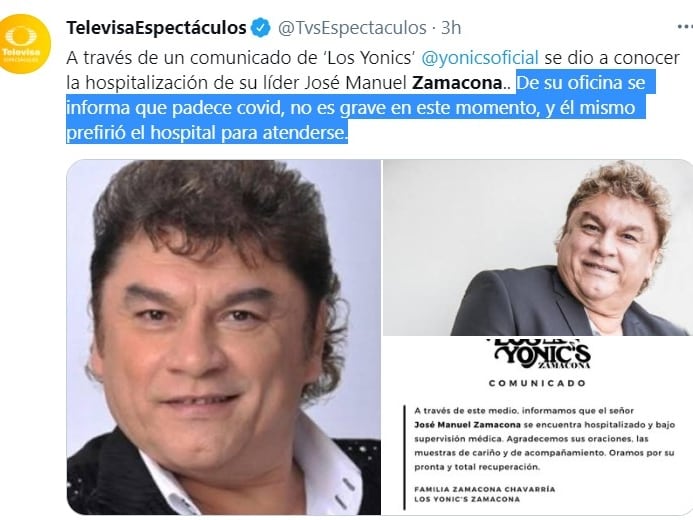 Tuit de Televisa Espectáculos sobre José Manuel Zamacona