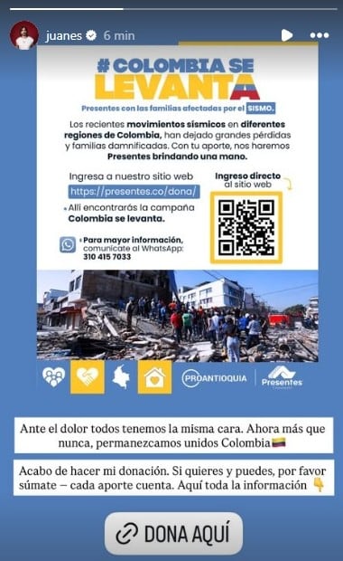 Juanes envía mensaje de solidaridad tras el terremoto de 7.4 que sacudió a Colombia
