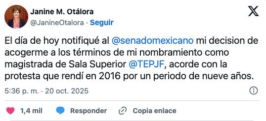 Janine Otálora, magistrada de la Sala Superior del TEPJF, dejará su cargo