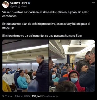 Gustavo Petro presume a avión de migrantes colombianos deportados de Estados Unidos no esposados