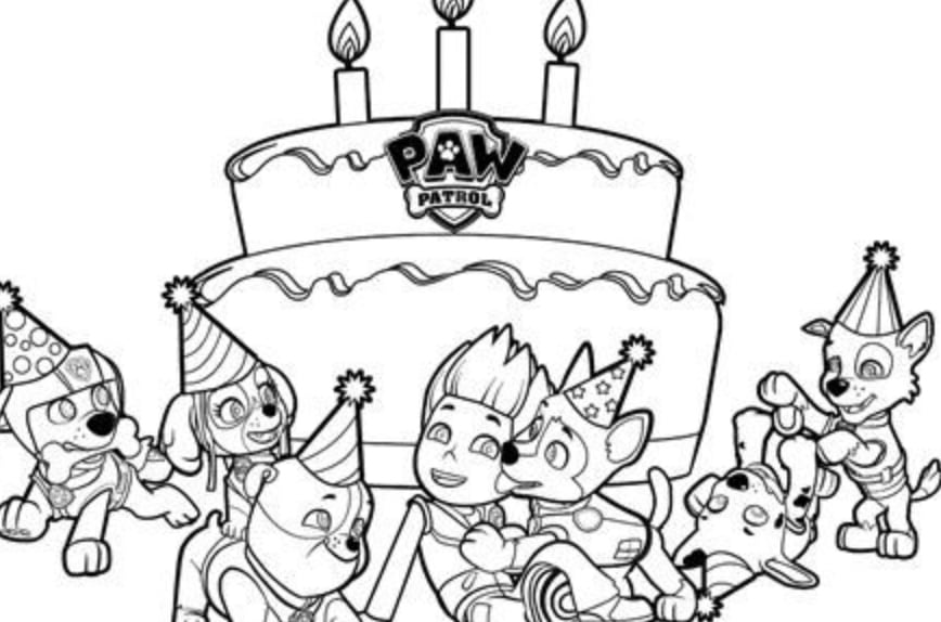 Ryder y los cachorros con pastel de Paw Patrol de cumpleaños