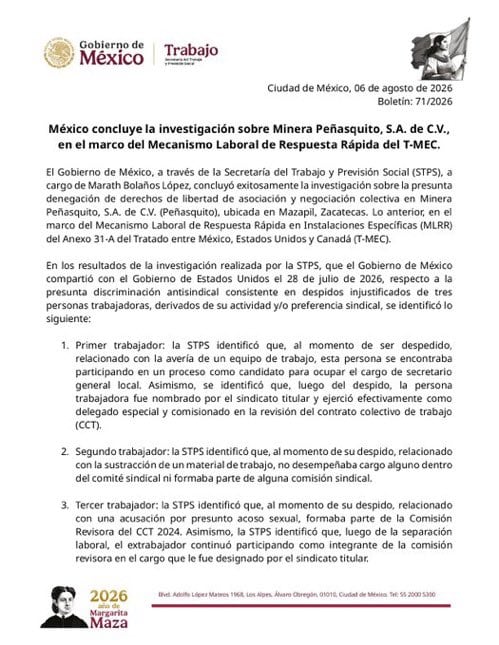 México cierra caso laboral de Minera Peñasquito