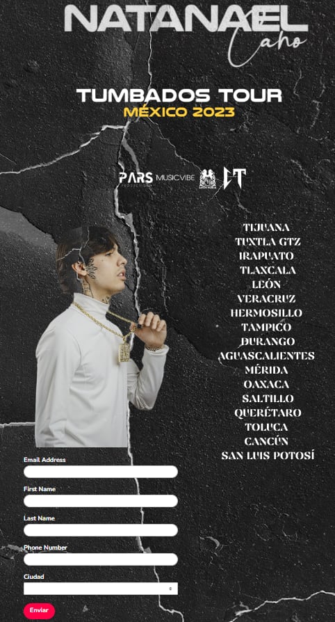 Formulario de registro para la preventa de los conciertos en México de Natanael Cano