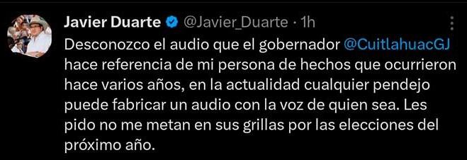 Javier Duarte, desde la cárcel acusa a Cuitláhuac García de audio falso con inteligencia artificial