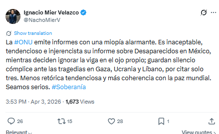 Ignacio Mier cuestiona informe de la ONU sobre desaparecidos en México