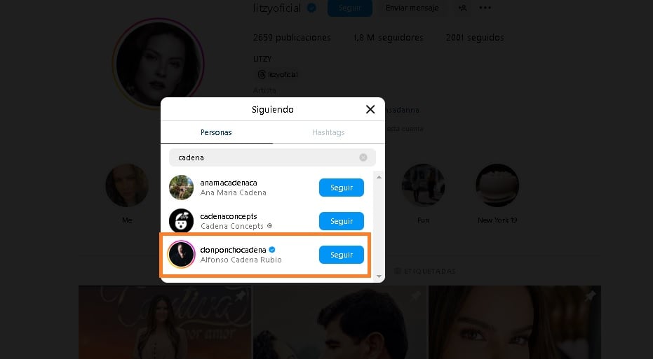 Litzy sí sigue al chef Poncho Cadena en Instagram.