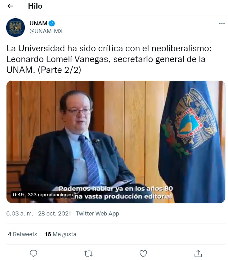 Tuit de video de la unam sobre el neoliberalismo