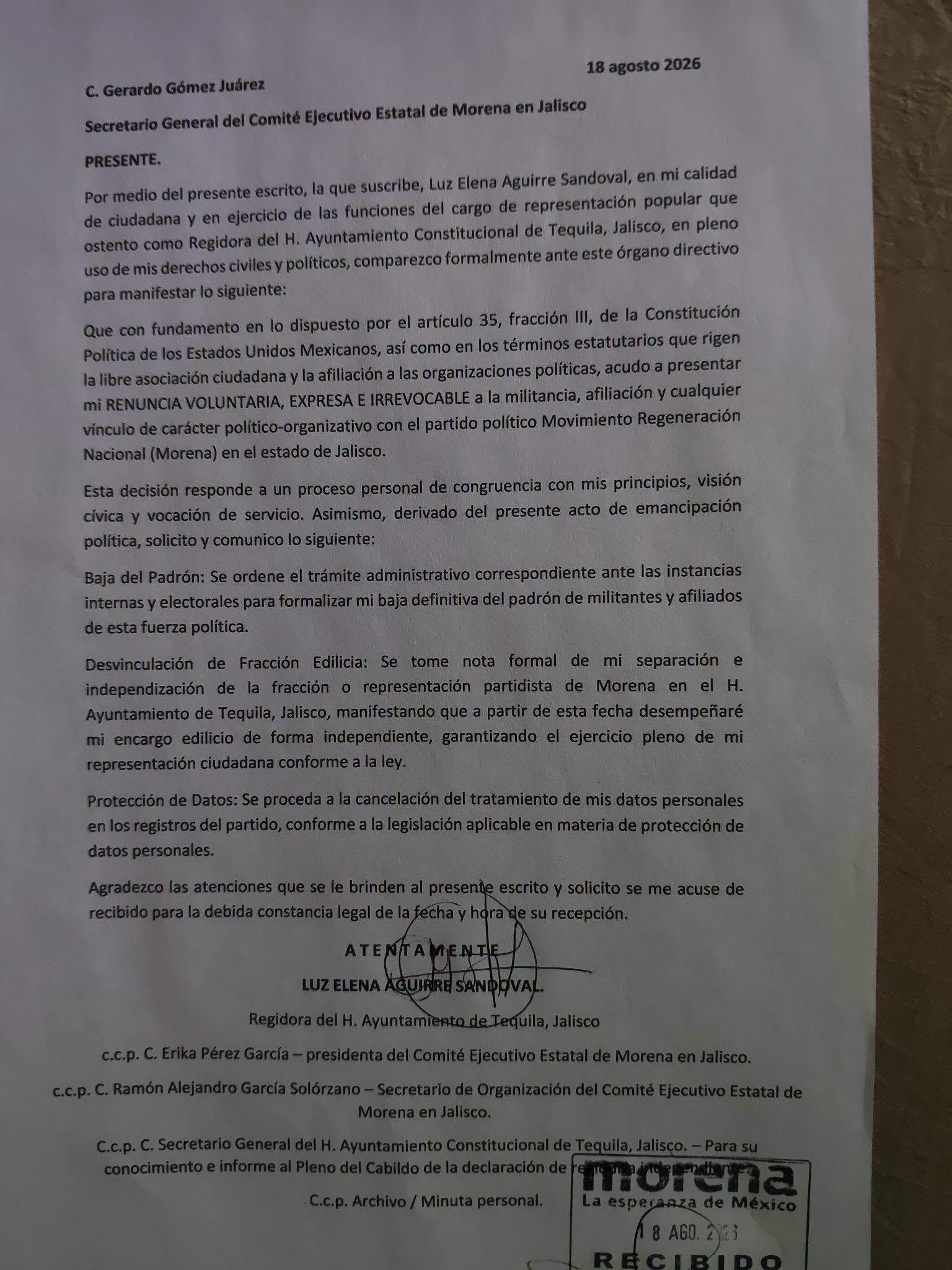Luz Elena Aguirre, regidora de Tequila, renuncia a Morena