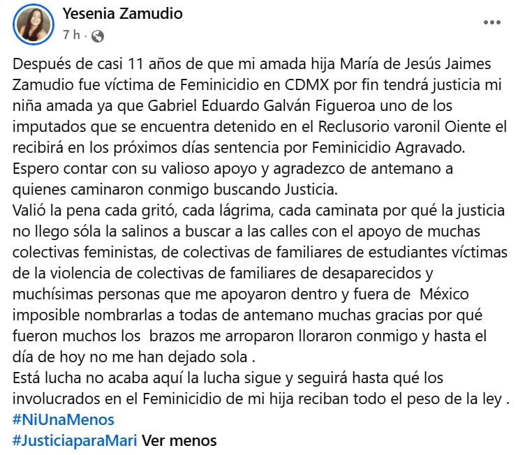 Yesenia Zamudio pide apoyo rumbo a la sentencia por el feminicidio de su hija Marichuy