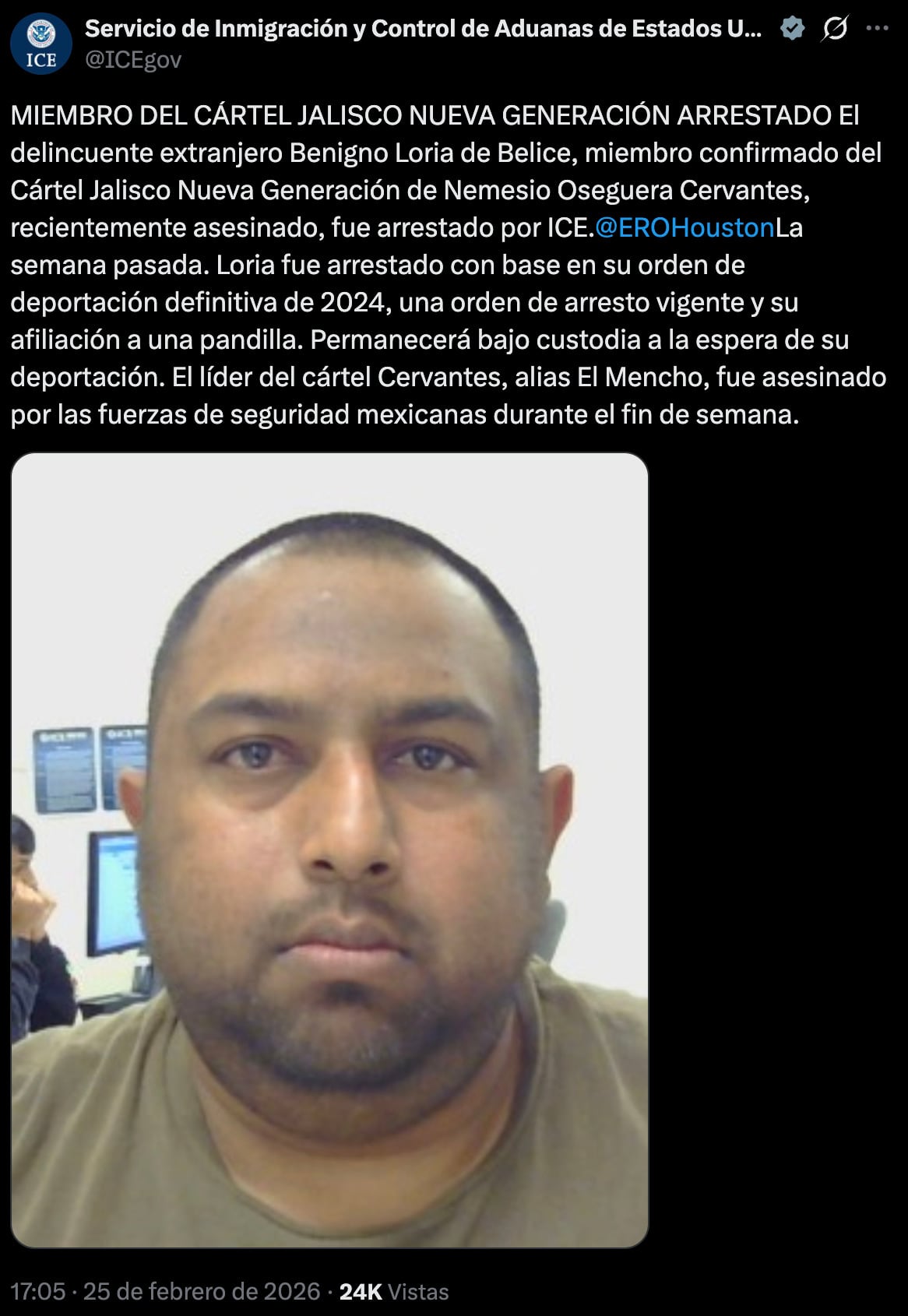 ICE anuncia arresto de Benigno Loria, presunto miembro del CJNG