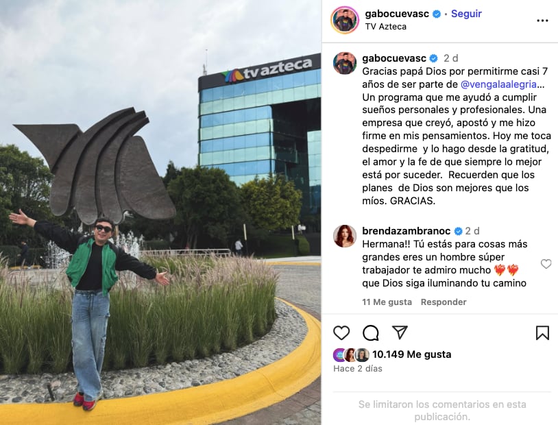 Gabriel Cuevas anuncia su salida de Venga La Alegría, matutino de TV Azteca