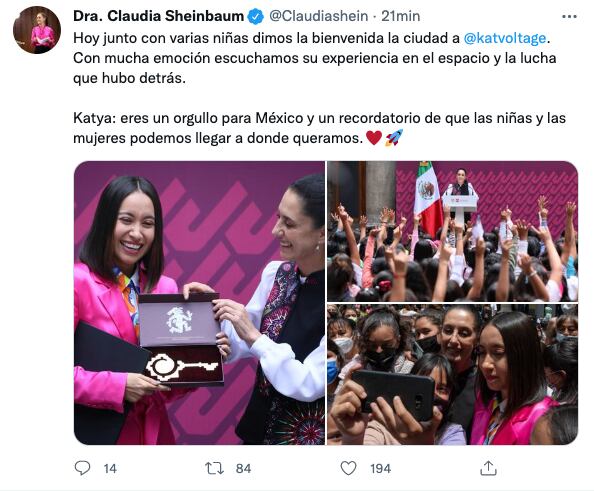 Katya Echazarreta, primera astronauta mexicana, recibe las llaves de la CDMX por parte de Claudia Sheinbaum