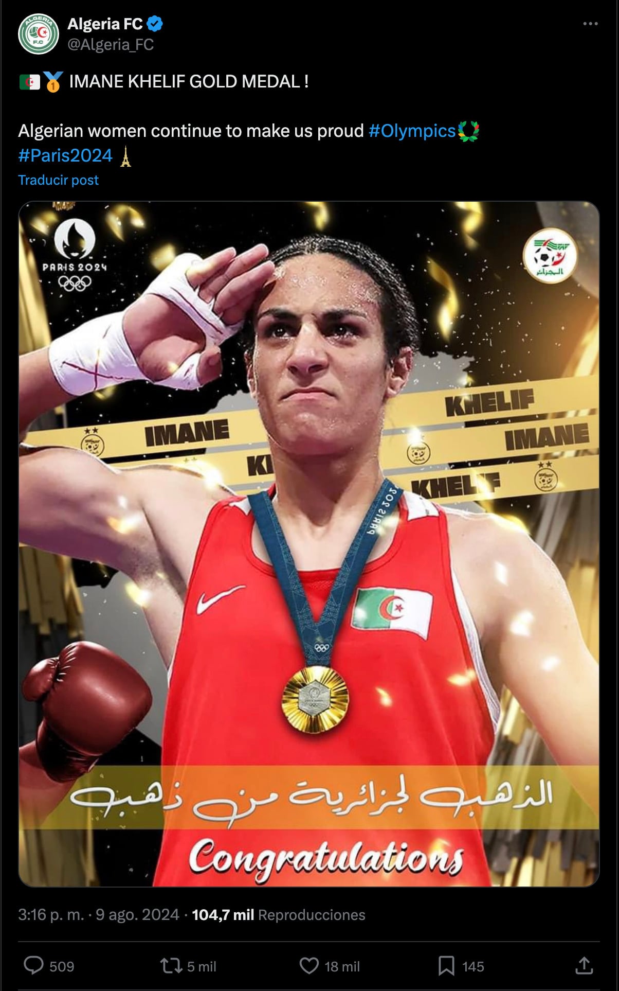 Selección de futbol de Argelia felicita a Imane Khelif por medalla de oro.