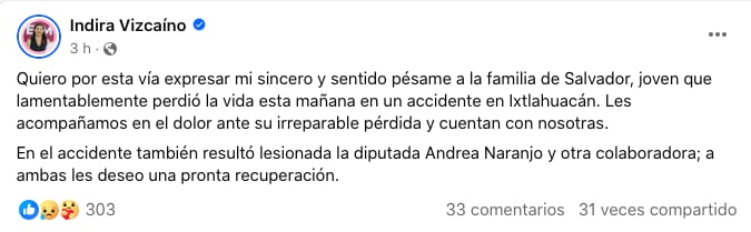 Gobernadora de Colima expresa su pésame por accidente de Andrea Naranjo